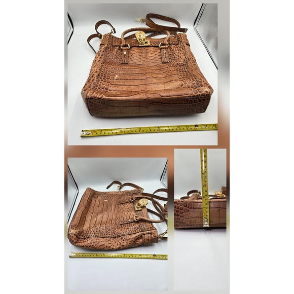Michael‎ Kors Crocodile Embossed Leather Tote Shoulder Bag Brown Gold Lock Key - Picture 4 of 12